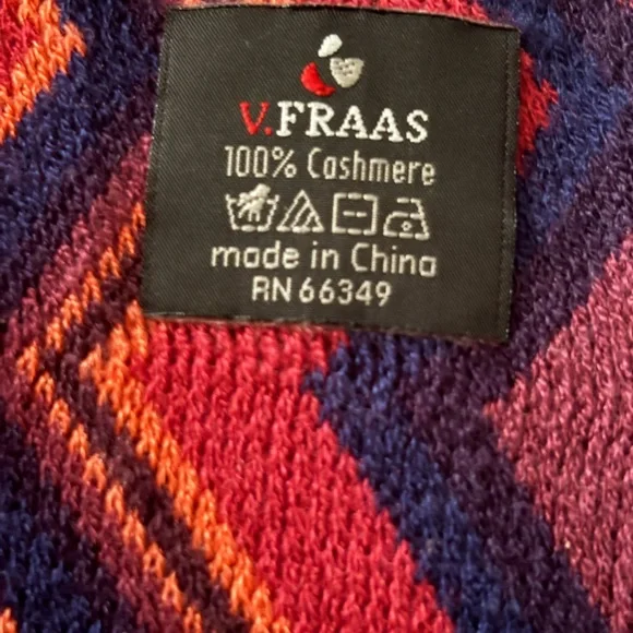 V. FRAAS 100% Cashmere Scarf Wrap Zig Zag Chevron Burgundy Red Yellow Fringe